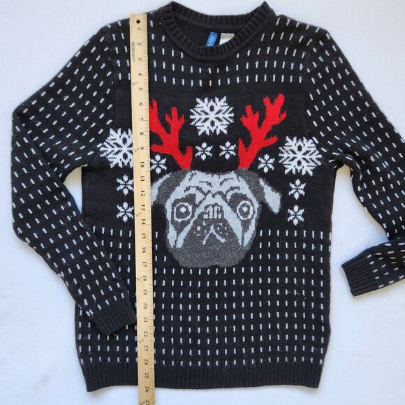 Pug Reindeer Dog Christmas Sweater Cute Ugly Holiday Party Black Unisex Small - Picture 8 of 8